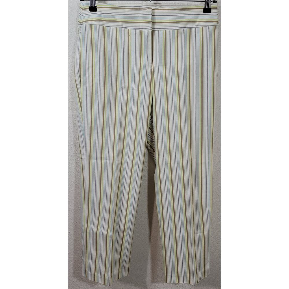 I.E. Tan Lime Green Striped Flat Front Cropped Pants 10 Lightweight Stretch Soft